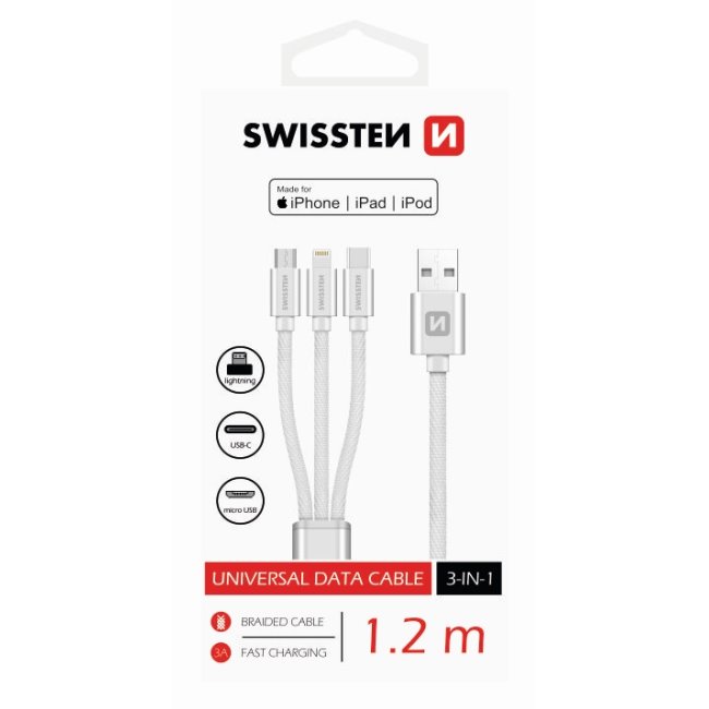 Levně Datový kabel Swissten textilní 3 v 1, 1,2 m, Lightning, 2 x USB-C, černý