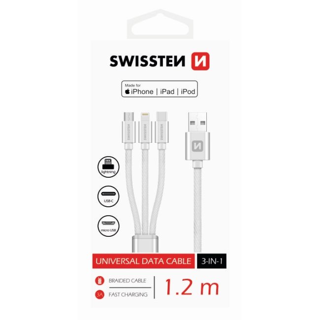 Datový kabel Swissten textilní 3 v 1, 1,2 m, Lightning, 2 x USB-C, černý