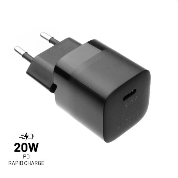 Levně FIXED Mini charger adapter with USB-C, PD 20W, black, vystavený, záruka 21 měsíců