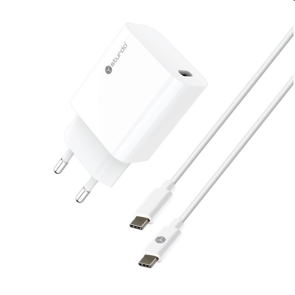 Sturdo Síťová nabíječka 3A, PD, 20W, USB QC + nabíjecí kabel USB-C/USB-C 1m, bílá