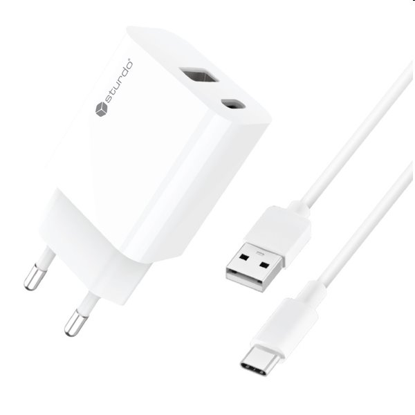 Sturdo Síťová nabíječka 3A, PD, 20W, USB QC + nabíjecí kabel USB/USB-C, bíélá