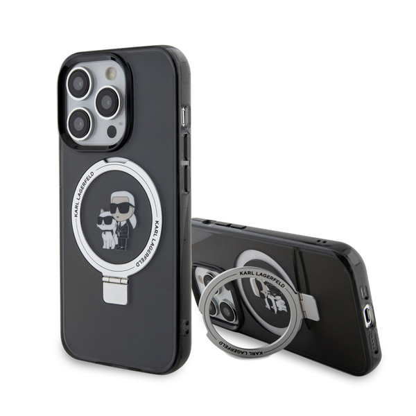 Levně Zadný kryt Karl Lagerfeld Ringstand Karl and Choupette MagSafe pro iPhone 15 Pro, černý