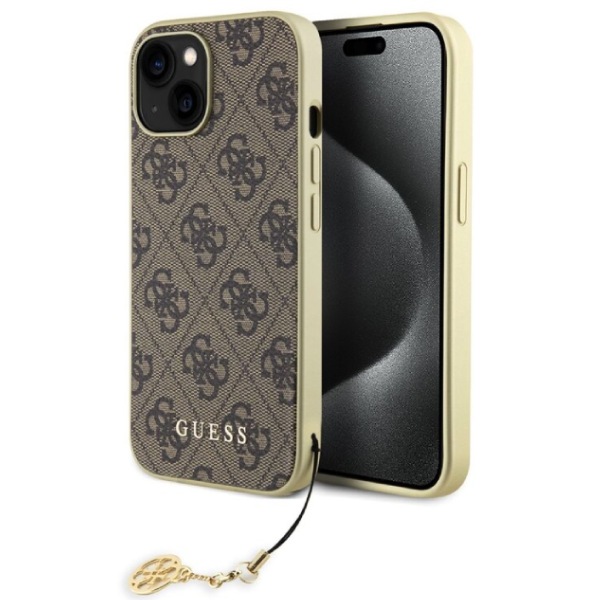 Zadní kryt Guess 4G Charms pro iPhone 15, hnědý Zadní kryt Guess 4G Charms pro iPhone 15, hnědý