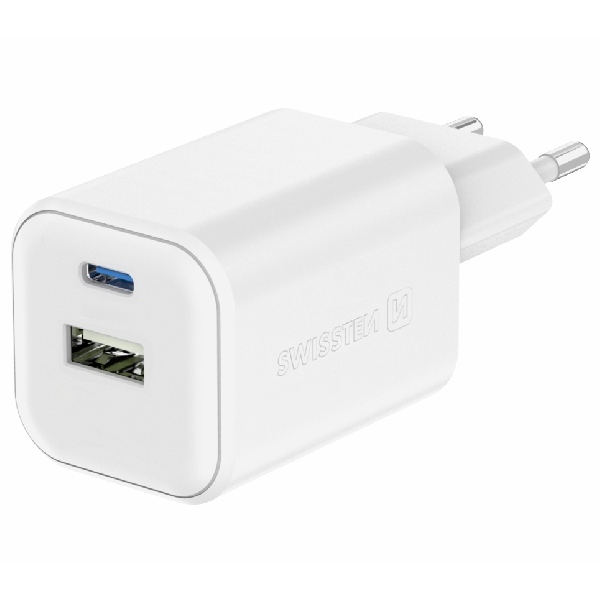 SWISSTEN GaN síťový adaptér 1x USB-C 45 W PD + 1x USB-A 18 W QC, bílý SWISSTEN GaN síťový adaptér 1x USB-C 45 W PD + 1x USB-A 18 W QC, bílý
