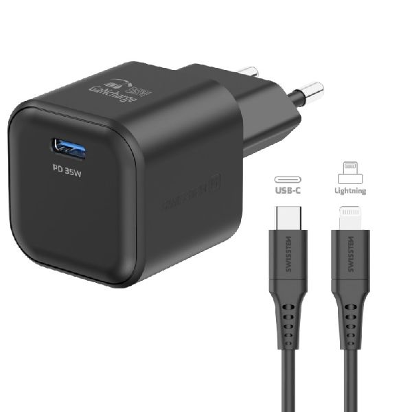 SWISTEN síťový adaptér 1x USB-C 35 W PD, černý + dátový kabel USB-C/lightning 1,2 m, černý