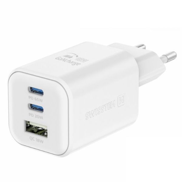 SWWISTEN síťový adaptér GaN 2x USB-C 65 W PD + 1x USB-A 18 W QC, bílý