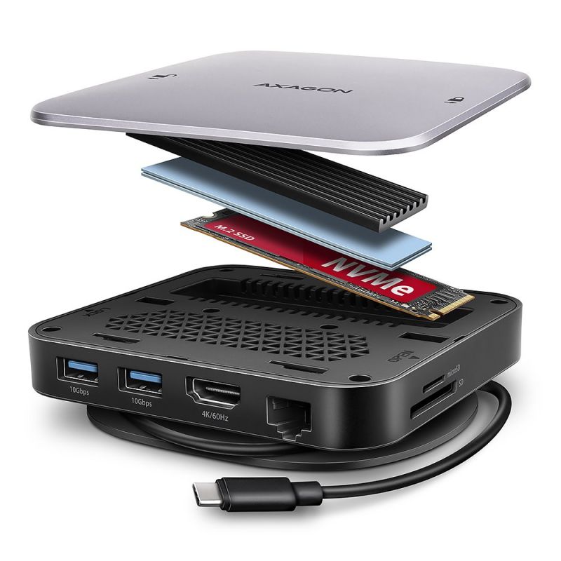 AXAGON HMC-UFO, USB 10Gbps hub, 2x USB-A, USB-C, HDMI 4k/60, RJ-45, M.2 slot, SD/mSD, audio, PD 100W, kabel USB-C 65 cm AXAGON HMC-UFO, USB 10Gbps hub, 2x USB-A, USB-C, HDMI 4k/60, RJ-45, M.2 slot, SD/mSD, audio, PD 100W, kabel USB-C 65 cm