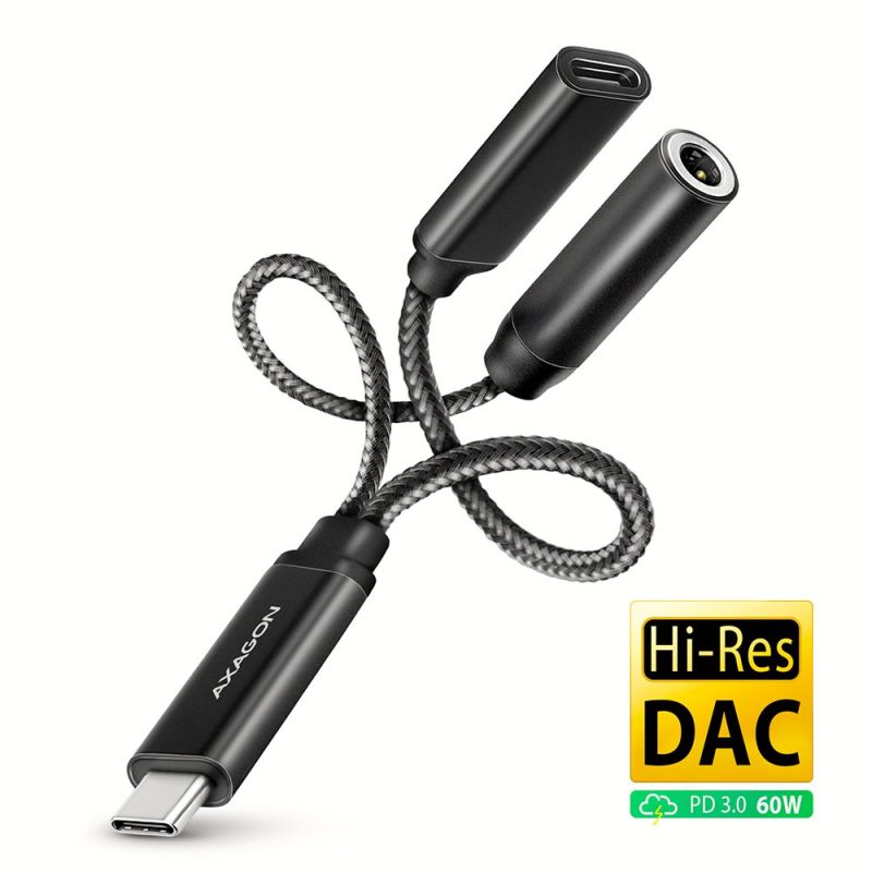 AXAGON ADA-HCPD, USB-C na 3.5 mm jack - Hi-Res DAC audio adaptér, 384kHz/32bit, stereo, PD 60W 3A AXAGON ADA-HCPD, USB-C na 3.5 mm jack - Hi-Res DAC audio adaptér, 384kHz/32bit, stereo, PD 60W 3A