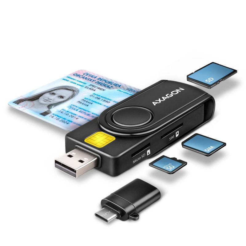 AXAGON CRE-SMP2A, USB-A + USB-C PocketReader 4-slot čítačka Smart card (eID klient) + SD/microSD/SIM AXAGON CRE-SMP2A, USB-A + USB-C PocketReader 4-slot čítačka Smart card (eID klient) + SD/microSD/SIM