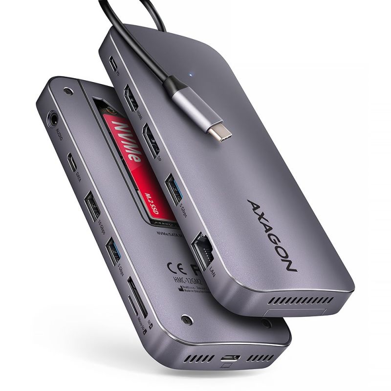 AXAGON HMC-12GM2, USB 10Gbps hub, 3x USB-A, USB-C, HDMI, DP, RJ-45 GLAN, M.2, SD/mSD, audio, PD 100W, kabel USB-C 50 cm AXAGON HMC-12GM2, USB 10Gbps hub, 3x USB-A, USB-C, HDMI, DP, RJ-45 GLAN, M.2, SD/mSD, audio, PD 100W, kabel USB-C 50 cm