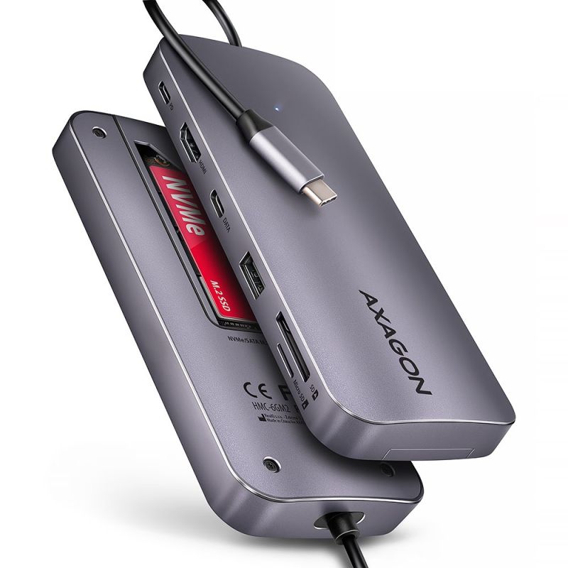 AXAGON HMC-6GM2, USB 10Gbps hub, USB-A, USB-C, HDMI, M.2 slot, SD/MicroSD, PD 100W, kabel USB-C 20 cm AXAGON HMC-6GM2, USB 10Gbps hub, USB-A, USB-C, HDMI, M.2 slot, SD/MicroSD, PD 100W, kabel USB-C 20 cm