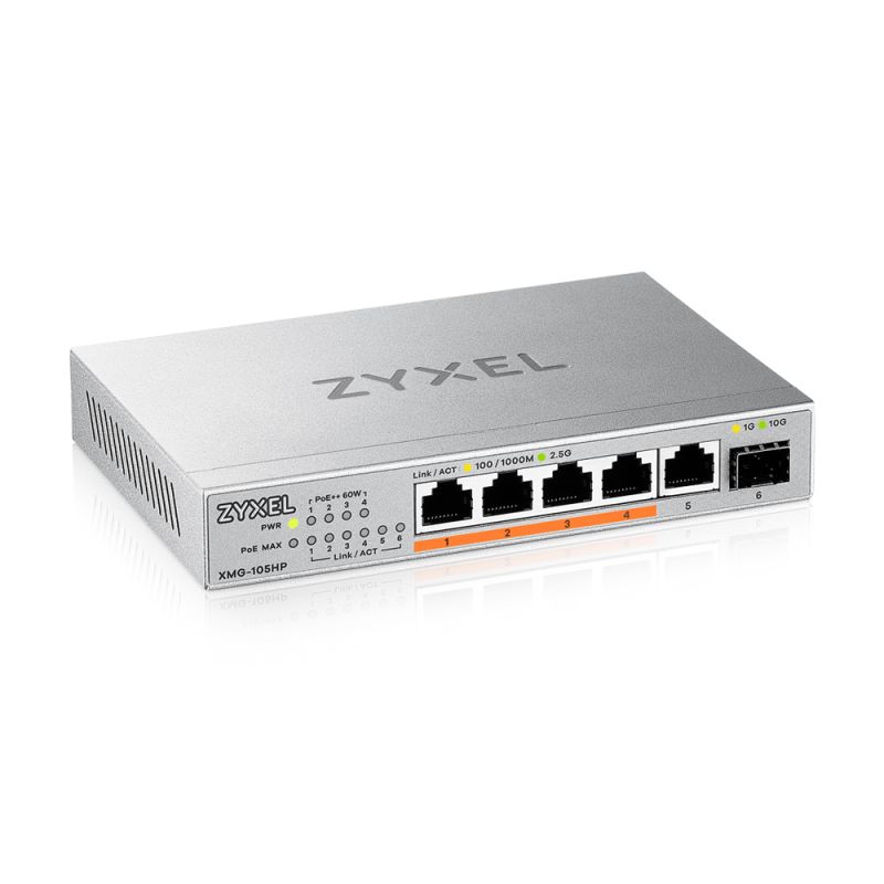 Zyxel XMG-105HP 5 Ports 2, 5G + 1 SFP+, 4 ports 70W total POE++ Desktop MultiGig unmanaged Switch Zyxel XMG-105HP 5 Ports 2, 5G + 1 SFP+, 4 ports 70W total POE++ Desktop MultiGig unmanaged Switch