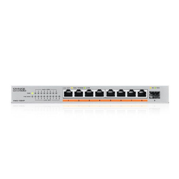 Zyxel XMG-108HP 8 Ports 2, 5G + 1 SFP+, 8 ports 100W total POE++ Desktop MultiGig unmanaged Switch Zyxel XMG-108HP 8 Ports 2, 5G + 1 SFP+, 8 ports 100W total POE++ Desktop MultiGig unmanaged Switch