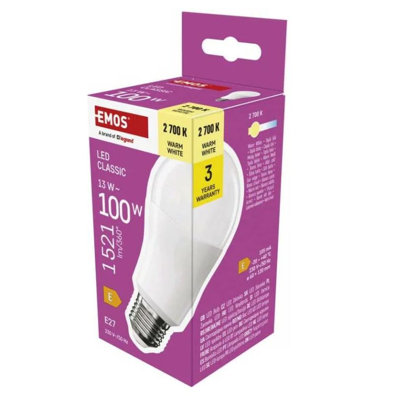 EMOS LED žiarovka Classic A60 / E27 / 13 W (100 W) / 1521 lm / Teplá bílá EMOS LED žiarovka Classic A60 / E27 / 13 W (100 W) / 1521 lm / Teplá bílá