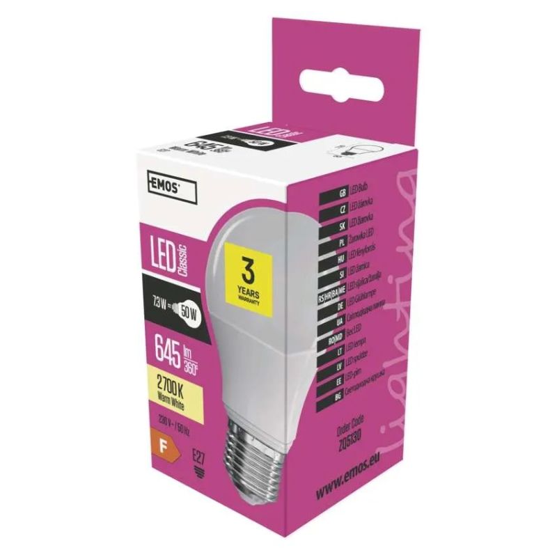 EMOS LED žiarovka Classic A60 / E27 / 7,3W (50 W) / 645lm / teplá bílá EMOS LED žiarovka Classic A60 / E27 / 7,3W (50 W) / 645lm / teplá bílá