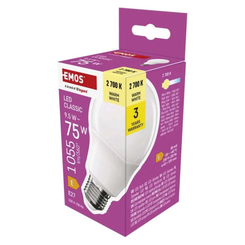 EMOS LED žiarovka Classic A60 / E27 / 9,5 W (75 W) / 1055 lm / teplá bílá EMOS LED žiarovka Classic A60 / E27 / 9,5 W (75 W) / 1055 lm / teplá bílá