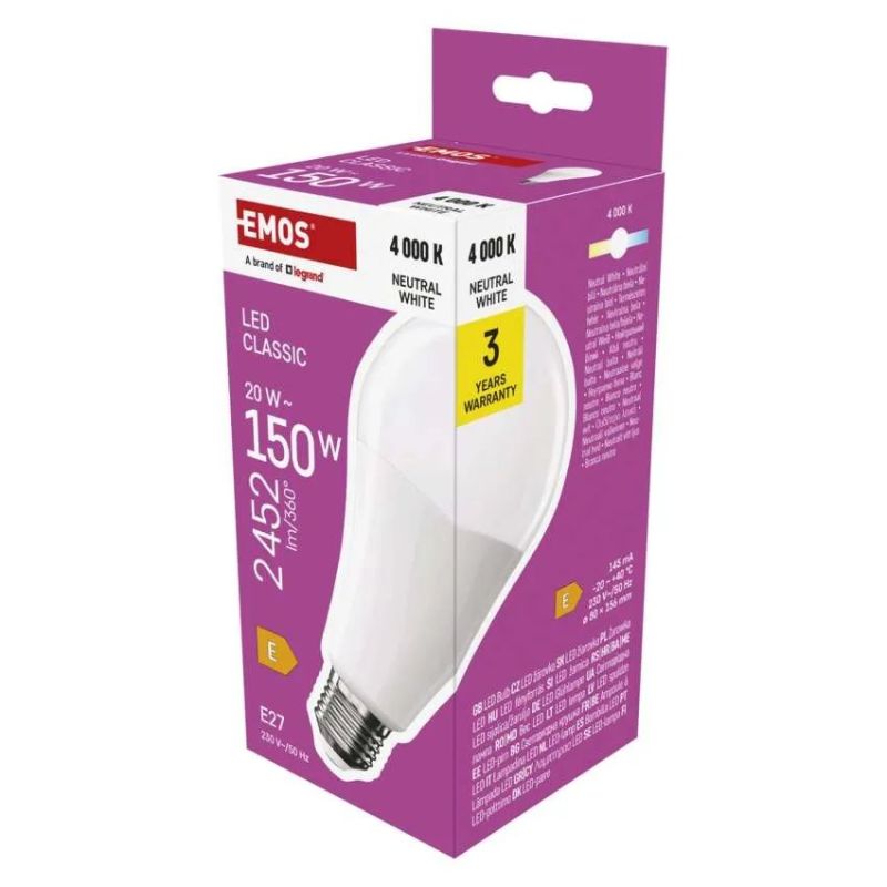 EMOS LED žiarovka Classic A80 / E27 / 20 W (150 W) / 2452 lm / Neutrálna bílá EMOS LED žiarovka Classic A80 / E27 / 20 W (150 W) / 2452 lm / Neutrálna bílá