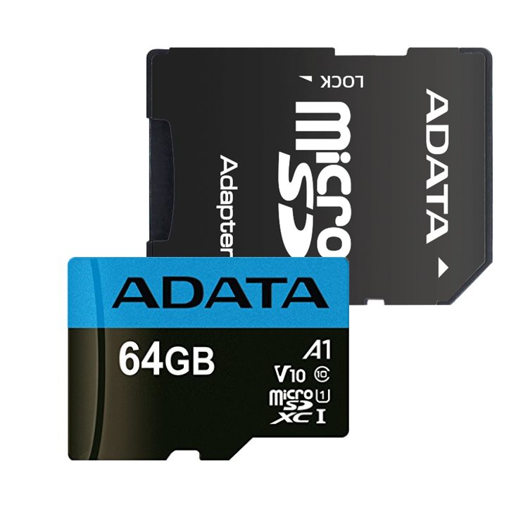 ADATA Micro SDXC Premier 64GB + SD adaptér, UHS-I A1, Class 10 - rychlost 85 MB/s (AUSDX64GUICL10A1-RA1)