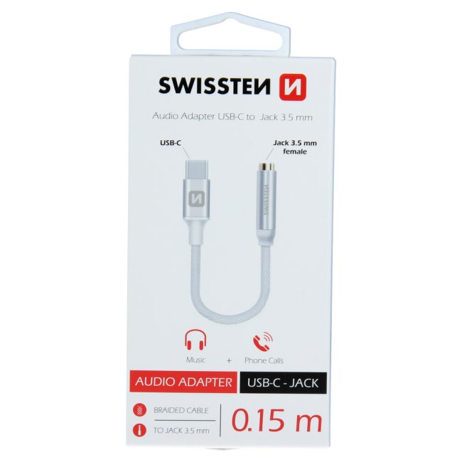 Audio adaptér Swissten USB-C/Jack (samice) 0,15m, stříbrný Audio adaptér Swissten USB-C/Jack (samice) 0,15m, stříbrný
