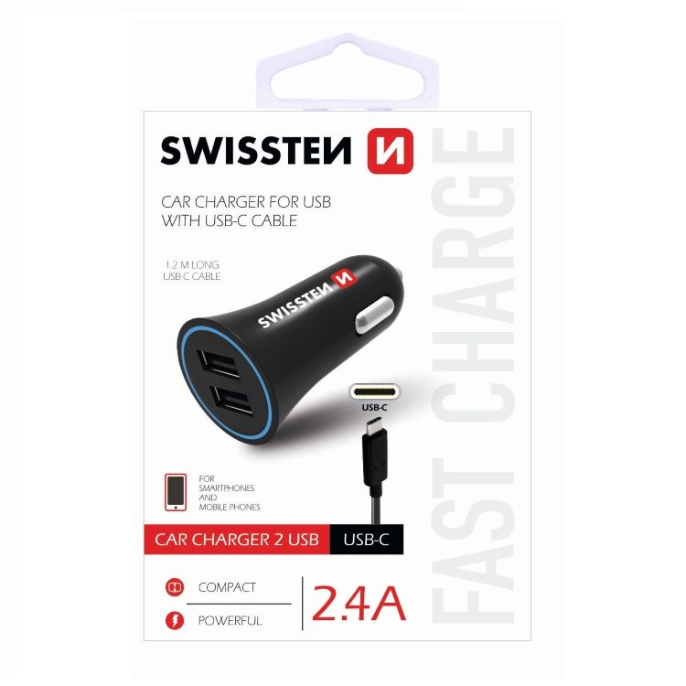 Autonabíječka Swissten 2.4A s 2x USB + kabel USB-C