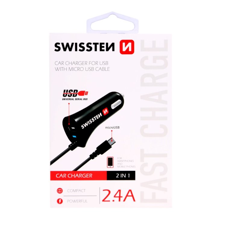Autonabíječka Swissten 2.4A se zabudovaným Micro-USB kabelem a USB konektorem