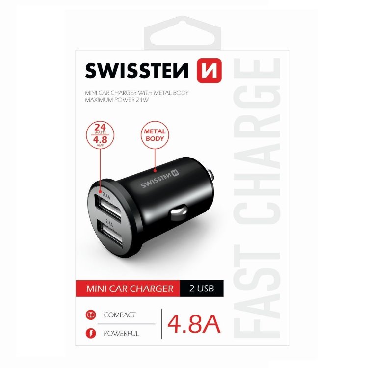 Autonabíječka Swissten kovová 4.8A s 2 USB sloty, Black Autonabíječka Swissten kovová 4.8A s 2 USB sloty, Black
