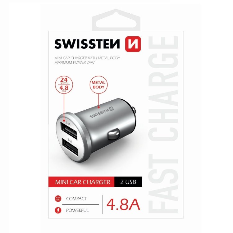Autonabíječka Swissten kovová 4.8A s 2 USB sloty, Silver Autonabíječka Swissten kovová 4.8A s 2 USB sloty, Silver