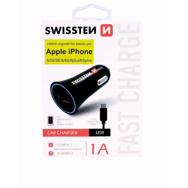Autonabíječka Swissten s Micro-USB kabelem a originálním Lightning kabelem MD818