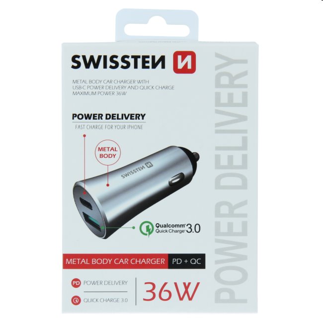 Autonabíječka Swissten s podporou Power Delivery USB-C + Qualcomm 3.0, 36W, matná stříbrná Autonabíječka Swissten s podporou Power Delivery USB-C + Qualcomm 3.0, 36W, matná stříbrná