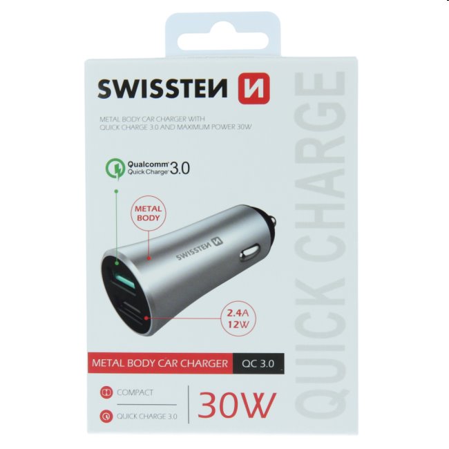 Autonabíječka Swissten s podporou Qualcomm Quick Charge 3.0, 30W, matná stříbrná