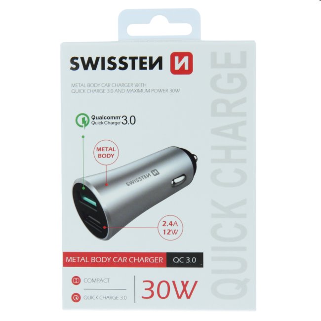 Autonabíječka Swissten s podporou Qualcomm Quick Charge 3.0, 30W, matná stříbrná Autonabíječka Swissten s podporou Qualcomm Quick Charge 3.0, 30W, matná stříbrná