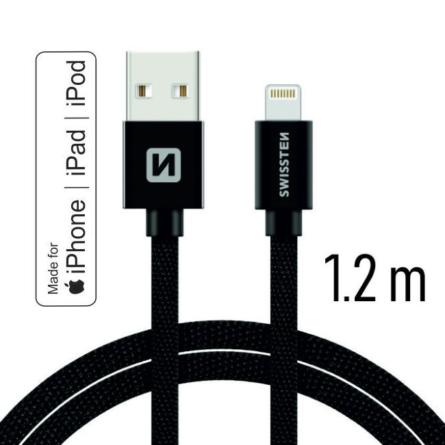 Datový kabel Swissten textilní s certifikací MFI, Lightning konektorem a podporou rychlonabíjení, Bl