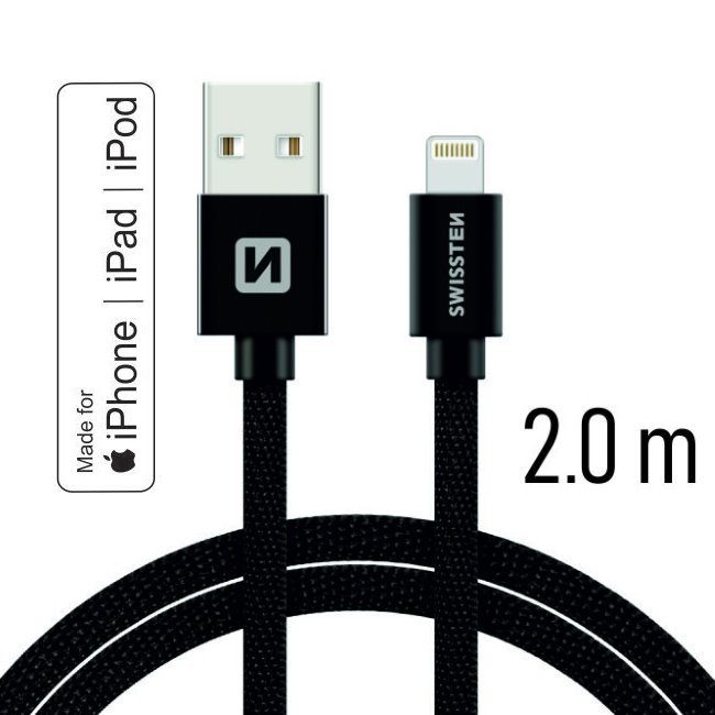 Datový kabel Swissten textilní s certifikací MFI, Lightning konektorem a podporou rychlonabíjení, Black