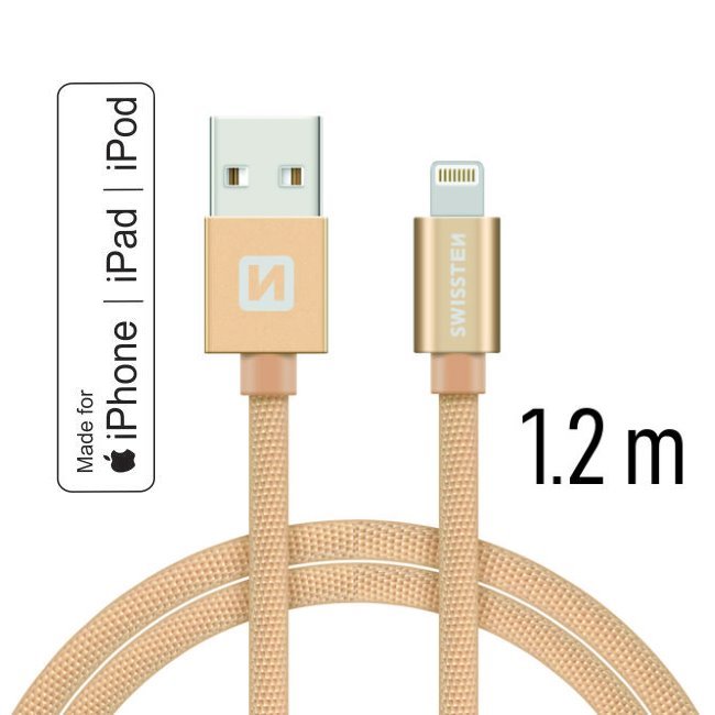 Datový kabel Swissten textilní s certifikací MFI, Lightning konektorem a podporou rychlonabíjení, Gold