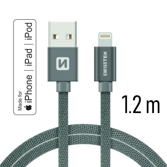 Datový kabel Swissten textilní s certifikací MFI, Lightning konektorem a podporou rychlonabíjení, Grey