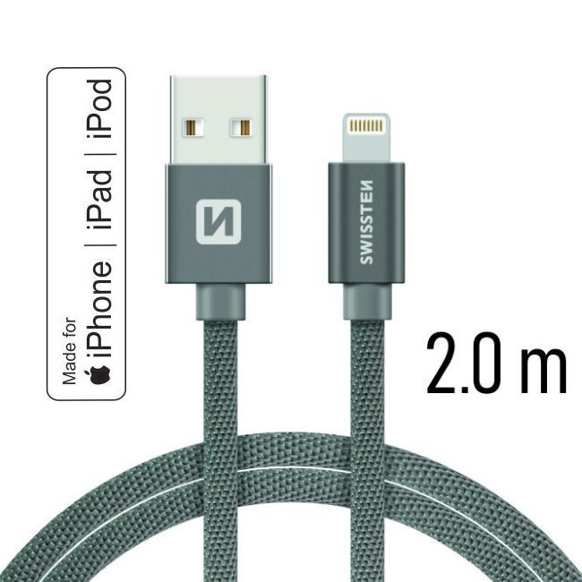 Datový kabel Swissten textilní s certifikací MFI, Lightning konektorem a podporou rychlonabíjení, Grey