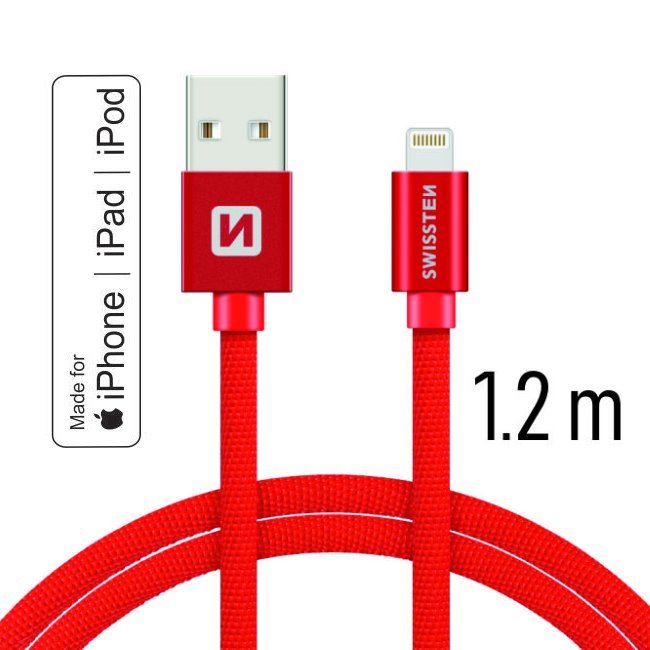 Datový kabel Swissten textilní s certifikací MFI, Lightning konektorem a podporou rychlonabíjení. 
 Red