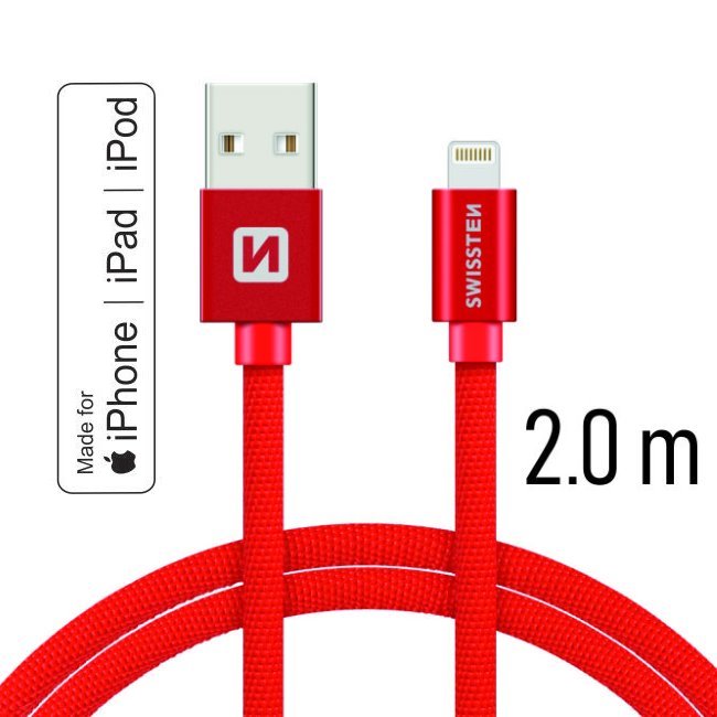 Datový kabel Swissten textilní s certifikací MFI, Lightning konektorem a podporou rychlonabíjení, Red