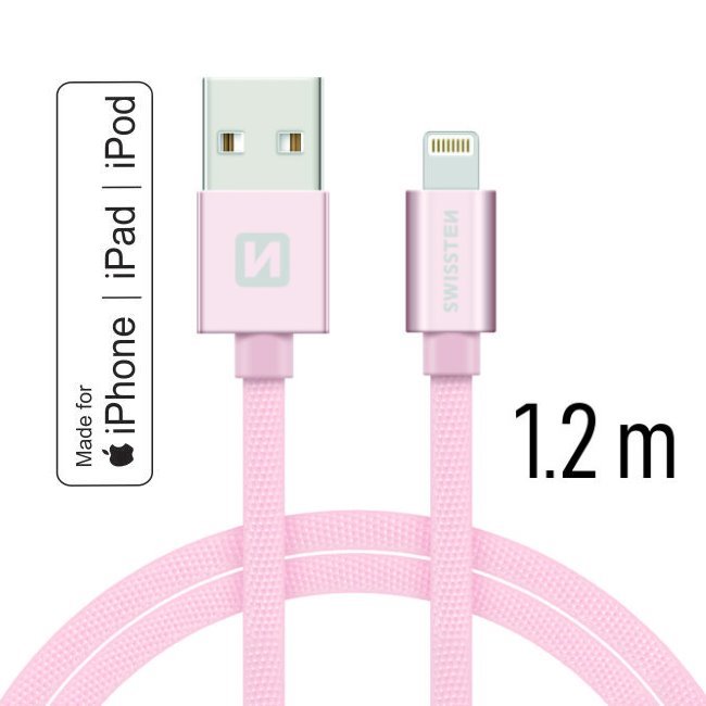 Datový kabel Swissten textilní s certifikací MFI, Lightning konektorem a podporou rychlonabíjení, Rose Gold