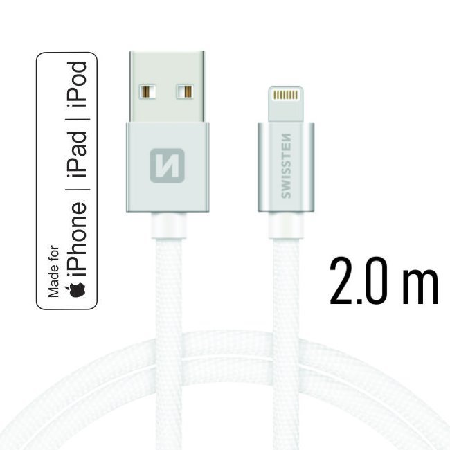 Datový kabel Swissten textilní s certifikací MFI, Lightning konektorem a podporou rychlonabíjení, Silver