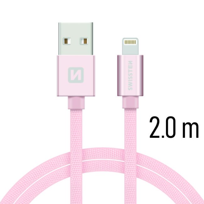 Datový kabel Swissten textilní s Lightning konektorem a podporou rychlonabíjení, Rose Gold