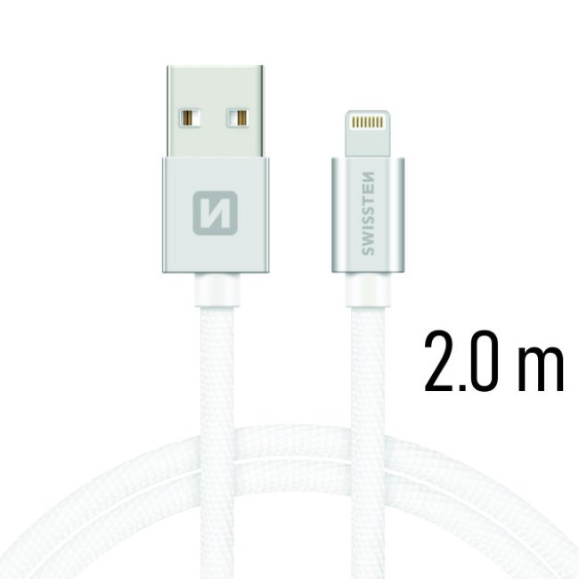Datový kabel Swissten textilní s Lightning konektorem a podporou rychlonabíjení, Silver Datový kabel Swissten textilní s Lightning konektorem a podporou rychlonabíjení, Silver