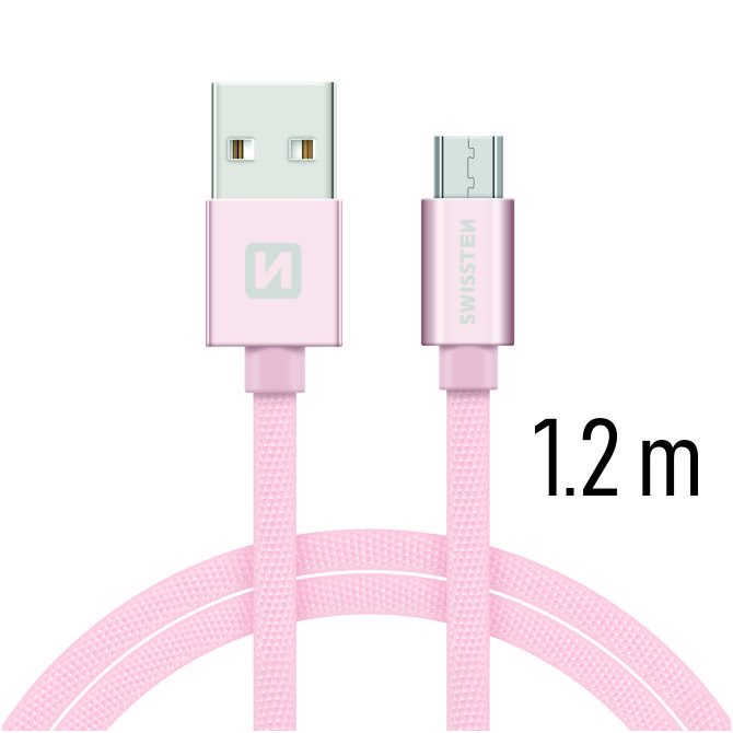 Datový kabel Swissten textilní s Micro-USB konektorem a podporou rychlonabíjení, Rose Gold