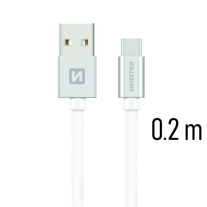 Datový kabel Swissten textilní s USB-C konektorem a podporou rychlonabíjení, Silver