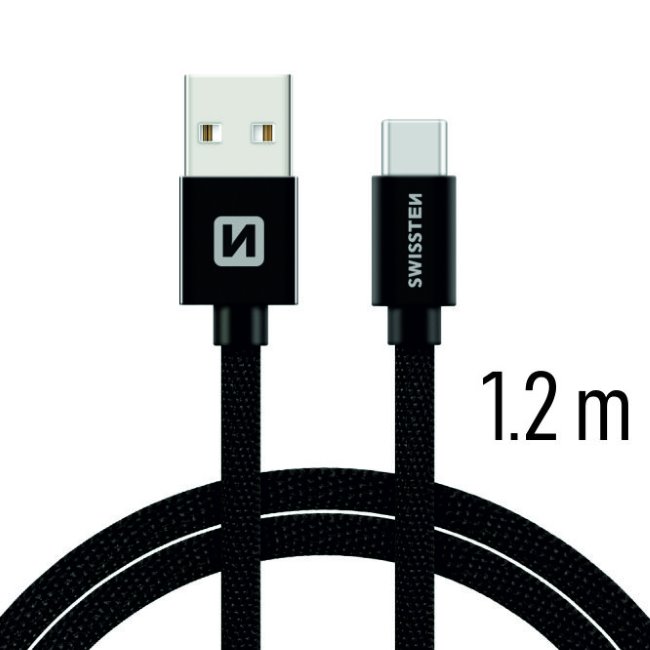 Datový kabel Swissten textilní s USB-C konektorem a podporou rychlonabíjení, Black