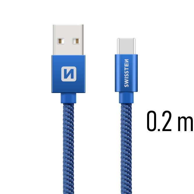 Datový kabel Swissten textilní s USB-C konektorem a podporou rychlonabíjení, Blue
