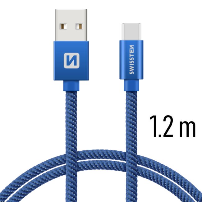 Datový kabel Swissten textilní s USB-C konektorem a podporou rychlonabíjení, Blue