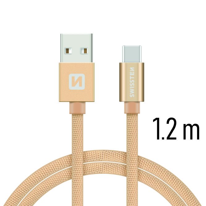 Datový kabel Swissten textilní s USB-C konektorem a podporou rychlonabíjení, Gold