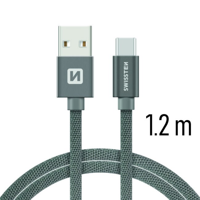 Datový kabel Swissten textilní s USB-C konektorem a podporou rychlonabíjení, Grey Datový kabel Swissten textilní s USB-C konektorem a podporou rychlonabíjení, Grey