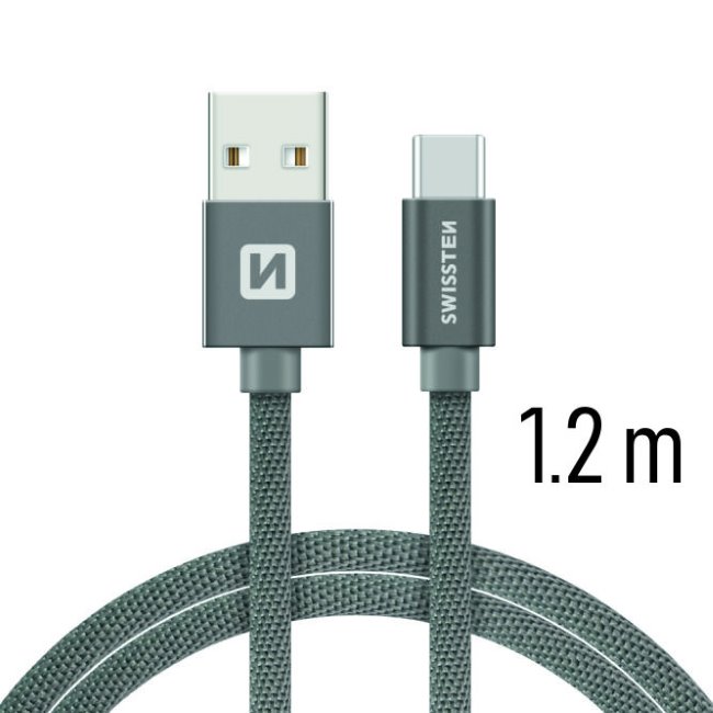 Datový kabel Swissten textilní s USB-C konektorem a podporou rychlonabíjení, Grey